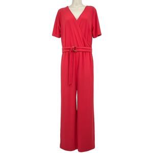 Boston Proper Beyond Travel Jumpsuit Women's L‎ Coral Belted V-Neck Wide Leg